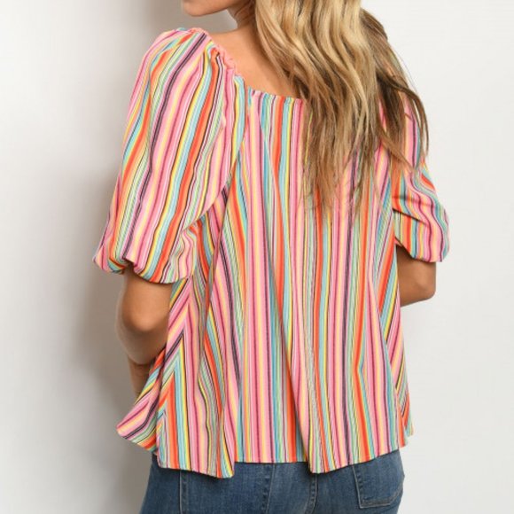 PINK RAINBOW STRIPE PUFF SLEEVE TOP - Picture 2 of 2